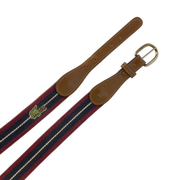 Izod Lacoste Mens 38 Genuine Tabbed Leather Fabric Belt Red Navy Stripe Preppy - Picture 2 of 5